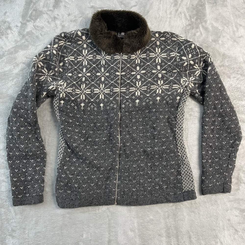 VTG Maurices Womens M Nordic Fair Isle Lambswool Blend Zip Cardigan Fur Collar - Picture 1 of 15